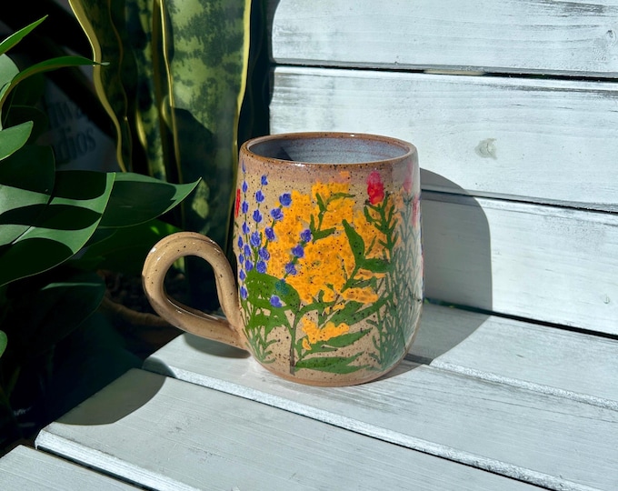 20oz Mountain wildflower Mug, Lavender, Prairie-fire flower and goldenrod, Hand painted on speckled brown stone clay