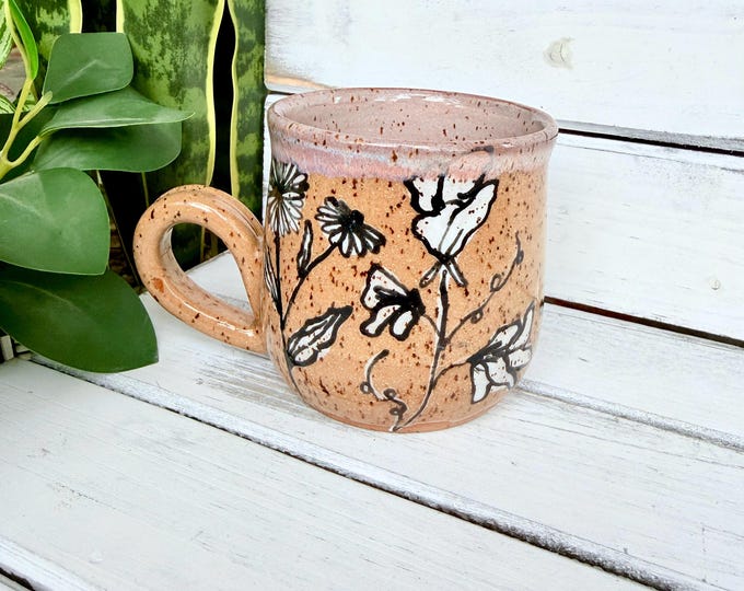 16oz Handmade Black and White Floral Coffee Mugs on Speckled Brown Stone, Each Unique