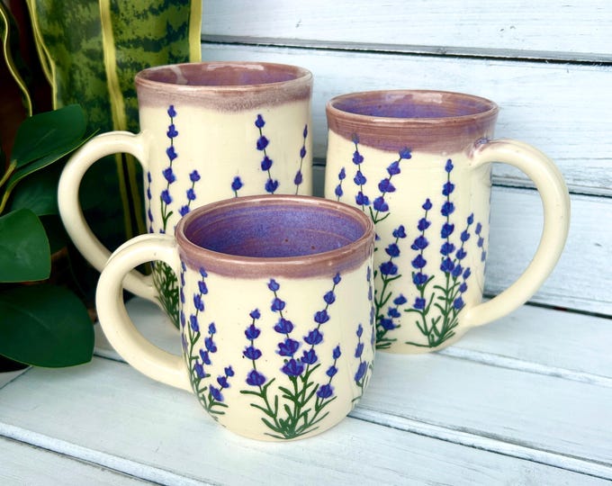 Handmade Lavender Floral Pottery Mug: White Stoneware Coffee Cup