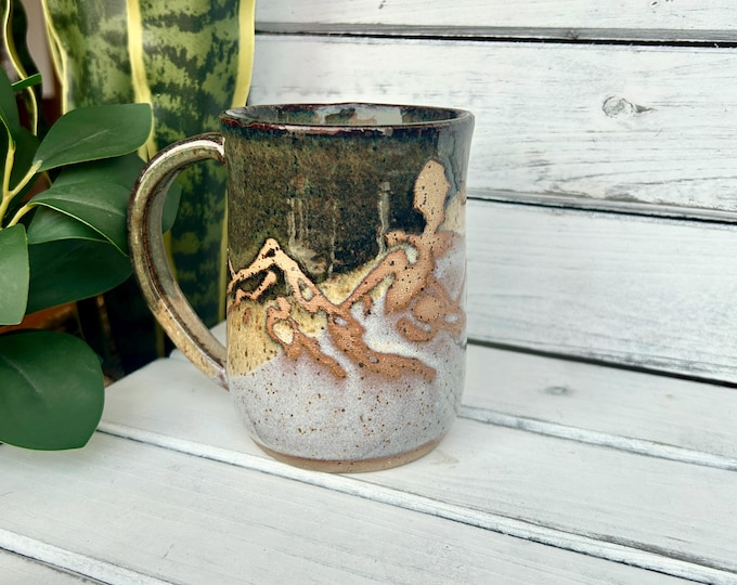 Handmade Ceramic Dragon Mug: 18oz Resist Mountain Design with Dragon