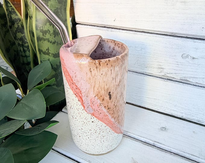 14oz Handmade Pink Ceramic Half-Lid Travel Tumbler, With Reusable Pink Glass Straw