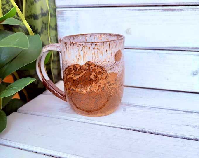 18oz Handmade Flying Dragon Ceramic Coffee Mug, White Resist Mountain