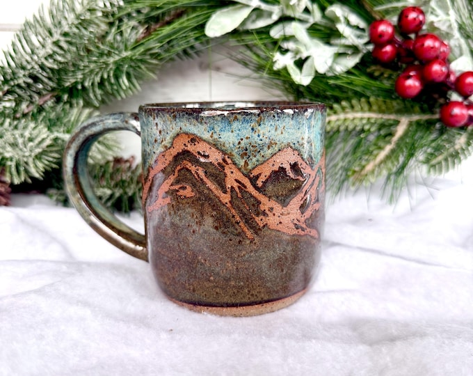 14oz Handmade Ceramic Coffee Mug With Resist Mountain Design