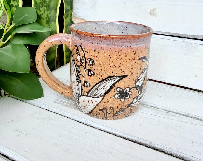 14oz Handmade Black and White Floral Coffee Mugs on Speckled Brown Stone, Each Unique