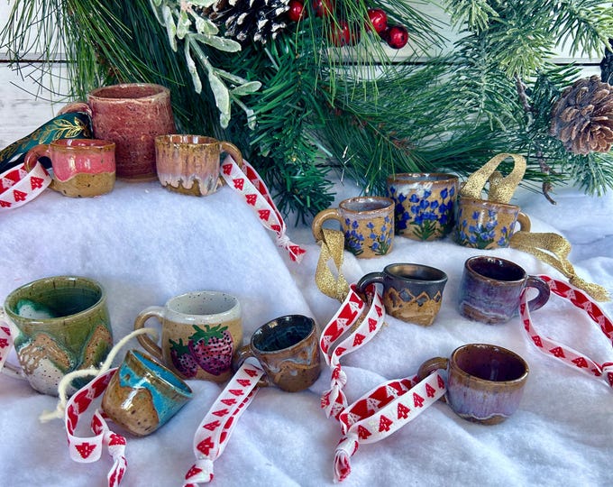 Mug Ornament, Handmade Ceramic Mini Mountain Mug Ornaments
