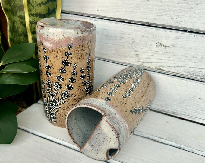 Handmade Floral Ceramic Travel Mug: Black & White Lavender Tumbler