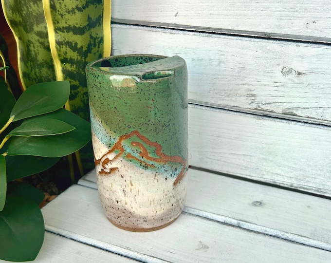12oz Handmade Ceramic Mountain Travel Mug, Half Lid Ceramic Tumbler (Limited Edition Glaze Colors)