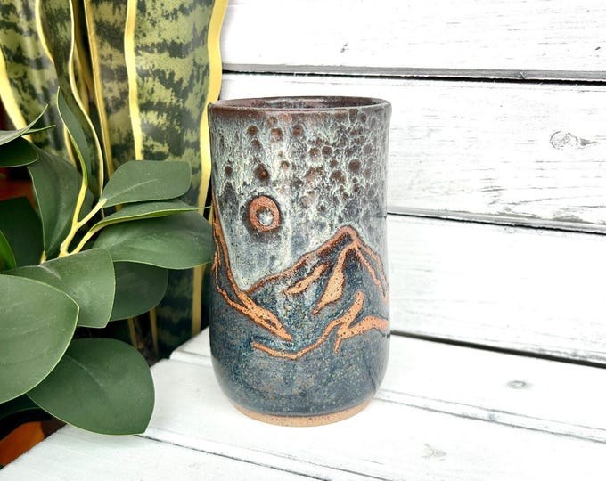 14oz Handmade Ceramic Mountain Tumbler, Blue, Pink and Green