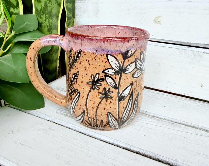 14oz Handmade Black and White Floral Coffee Mugs on Speckled Brown Stone, Each Unique