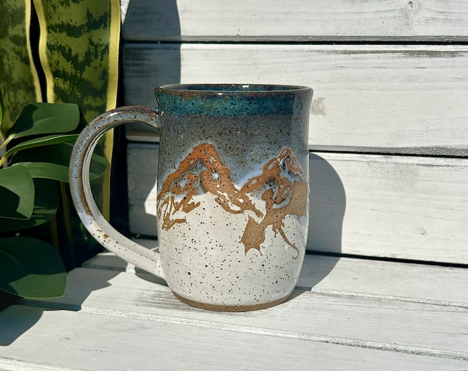 16oz Handmade Flying Dragon Mug, Resist Mountain Mug, Ceramic Coffee Mug, Blue Resist Mountain Mug With Dragon, Each Unique One of a Kind