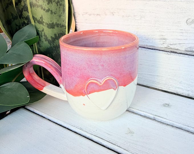 16oz Handmade Hot Pink and White Ceramic Mug With Heart
