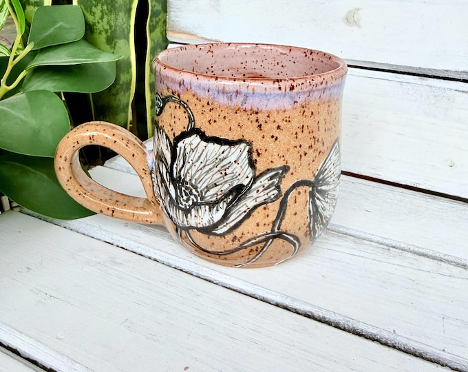 16oz Handmade Black and White Floral Coffee Mugs on Speckled Brown Stone, Each Unique