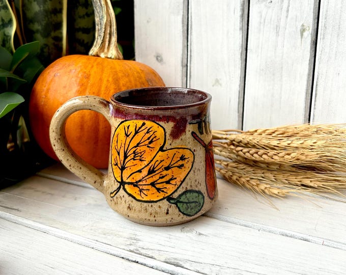 12oz Handmade, Hand Painted Autumn Leaves Mug On Speckled Brown Stone