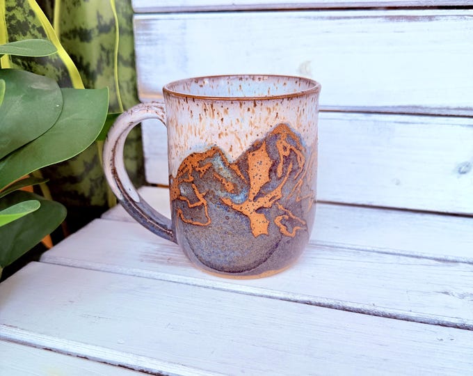 16oz Handmade Ceramic Flying Dragon Mug, Blue and White Resist Mountain Coffee Cup