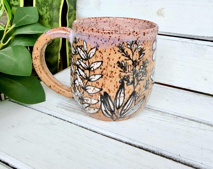 16oz Handmade Black and White Floral Coffee Mugs on Speckled Brown Stone, Each Unique
