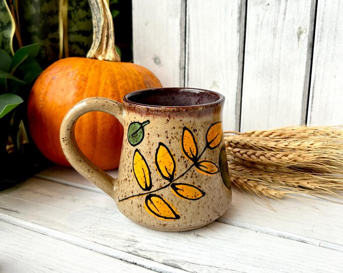 12oz Handmade, Hand Painted Autumn Leaves Mug On Speckled Brown Stone