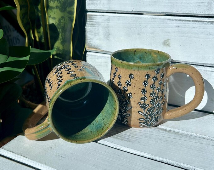 12oz Handmade Black and White Lavender, Floral Mug, On Speckled Brown Stone with Green Glaze Hand Painted Coffee Mug