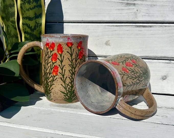 14oz-20oz Mountain Wildflower Pottery Mug, Prairie-Fire Flower Mug, Speckled Brown Stone Coffee Mug, Westing Wildflower Mug, Various Sizes