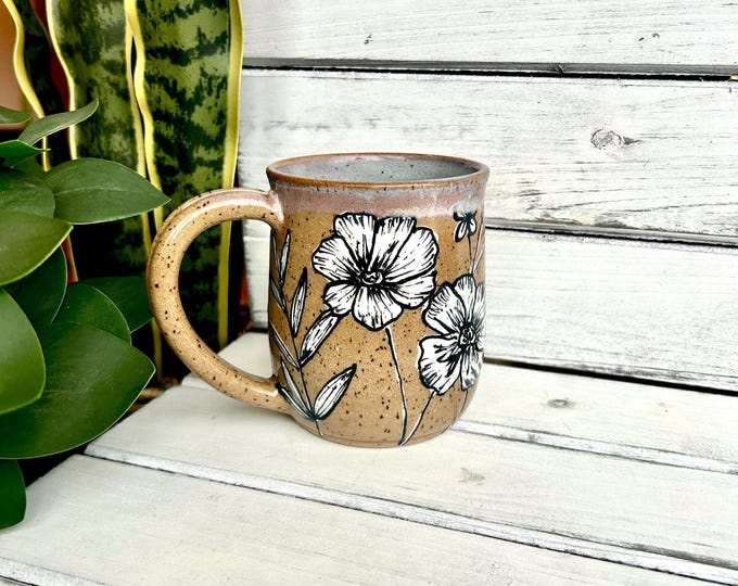 16oz Handmade Black and White Floral Coffee Mugs on Speckled Brown Stone, Each Unique
