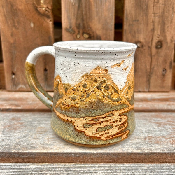 18oz Handmade Resist Mountain Mug, Each Unique, Ceramic Coffee Mug