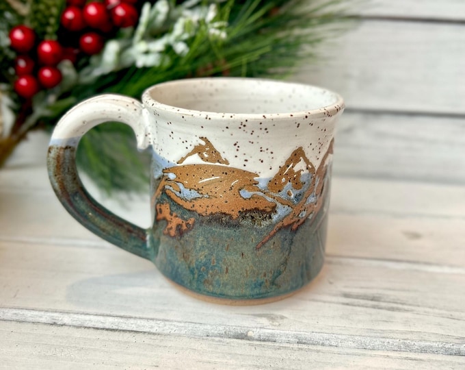 14oz Handmade Flying Dragon Mug, Ceramic Coffee Mug, Resist Mountain Mug With Dragon, Each Unique, One of a Kind Coffee Mug