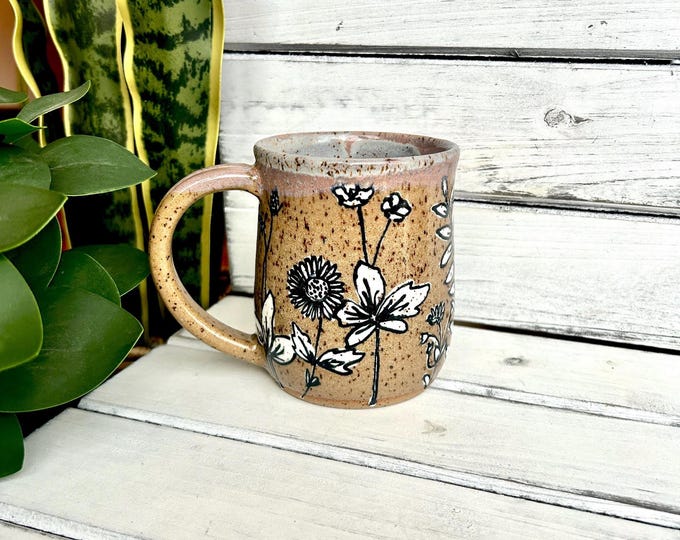 16oz Handmade Black and White Floral Coffee Mugs on Speckled Brown Stone, Each Unique