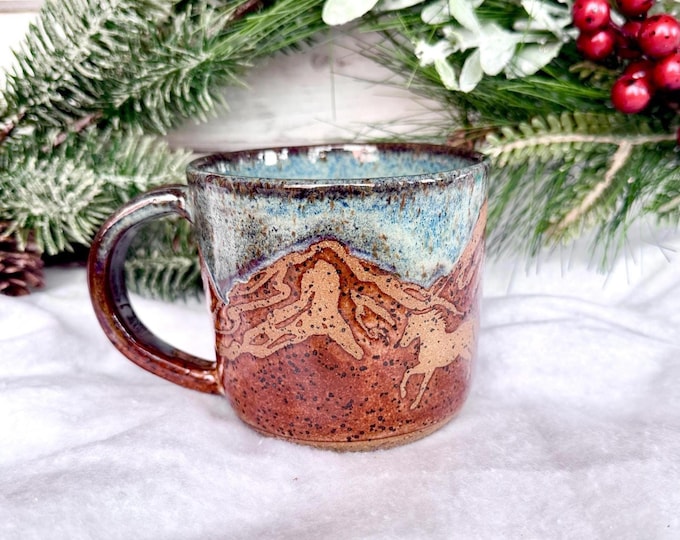 14oz Handmade Wild Mustang, Western Mountain Ceramic Coffee Mug, Each Unique One of a Kind