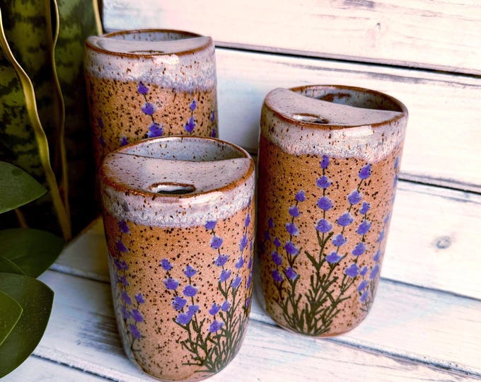 Handmade Lavender Ceramic Travel Mug, Floral Half Lid Tumbler, Various Sizes