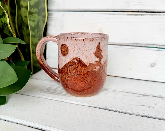 16oz Handmade Flying Dragon Ceramic Coffee Mug, Pink Resist Mountain
