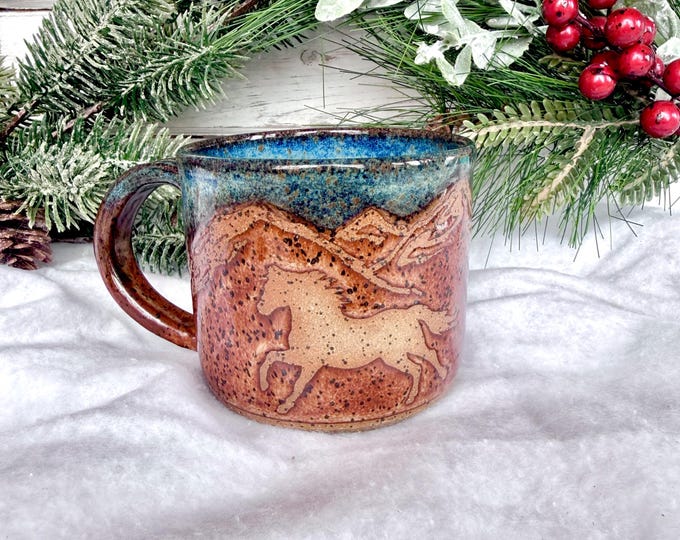 16oz Handmade Wild Mustang, Western Mountain Ceramic Coffee Mug, Each Unique One of a Kind