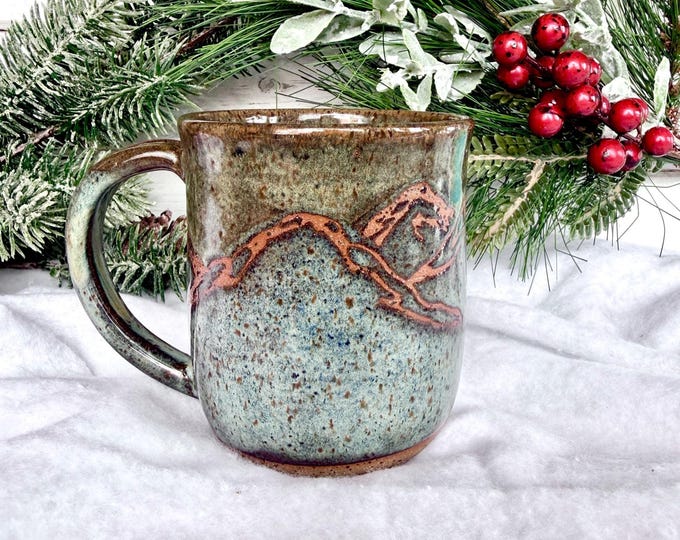 18oz Handmade Ceramic Coffee Mug With Resist Mountain Design