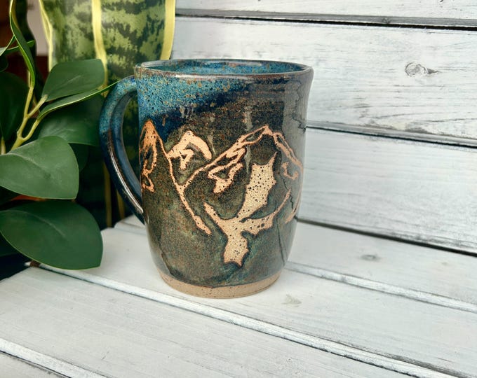 Handmade Ceramic Dragon Mug: Blue Resist Mountain Design