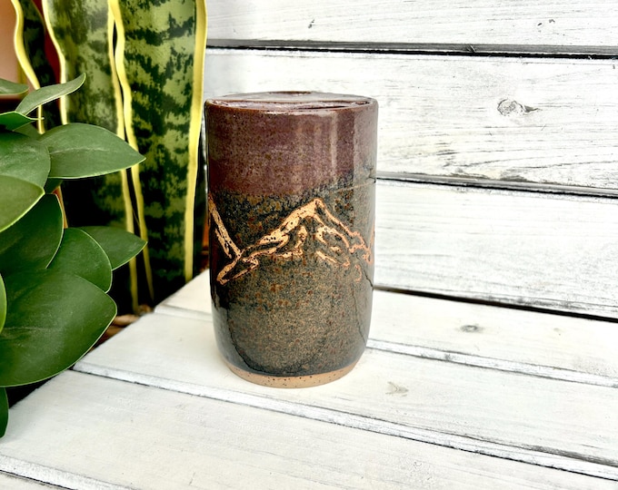 12oz Handmade Ceramic Mountain Travel Mug, Half Lid Ceramic Tumbler