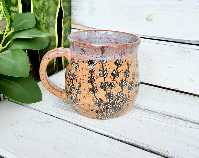 14oz Handmade Black and White Floral Coffee Mugs on Speckled Brown Stone, Each Unique