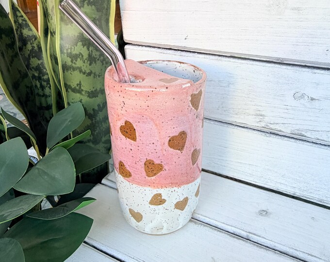 14oz Handmade Pink Ceramic Half-Lid Travel Tumbler, With Heart Shaped Sipper, Glass Straw Included