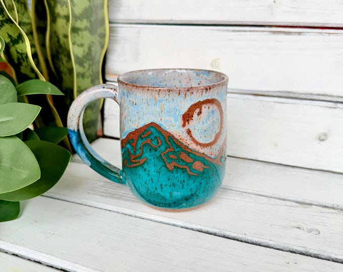 18oz Handmade Ceramic Coffee Mug, Resist Mountain Mug With Dragon