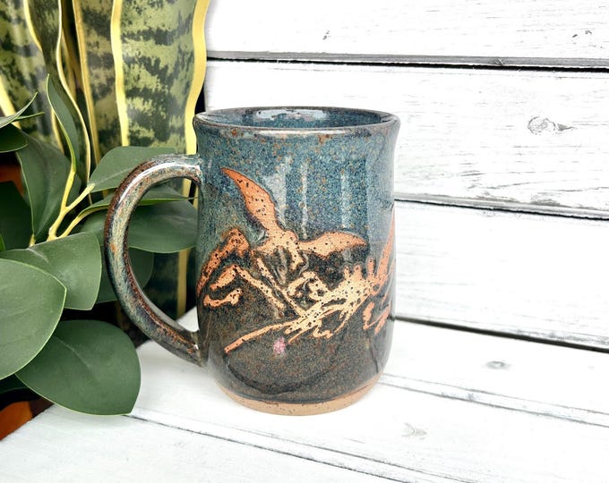 Handmade Ceramic Dragon Mug: Blue Resist Mountain Design