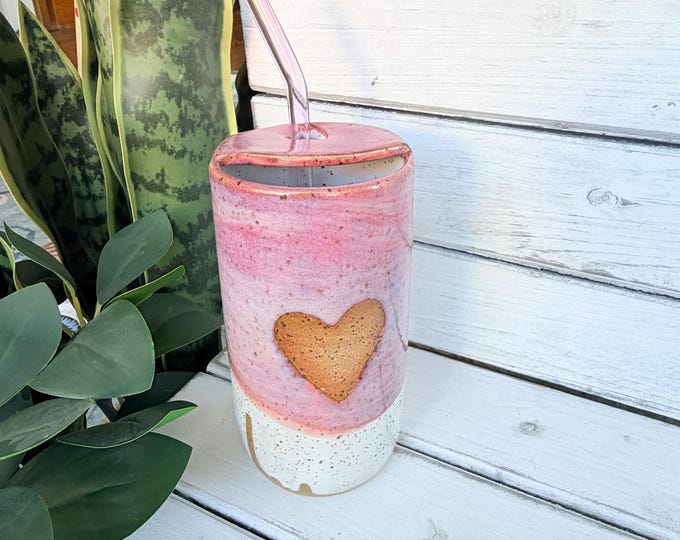 14oz Handmade Pink Ceramic Half-Lid Travel Tumbler, With Heart Shaped Sipper, Glass Straw Included