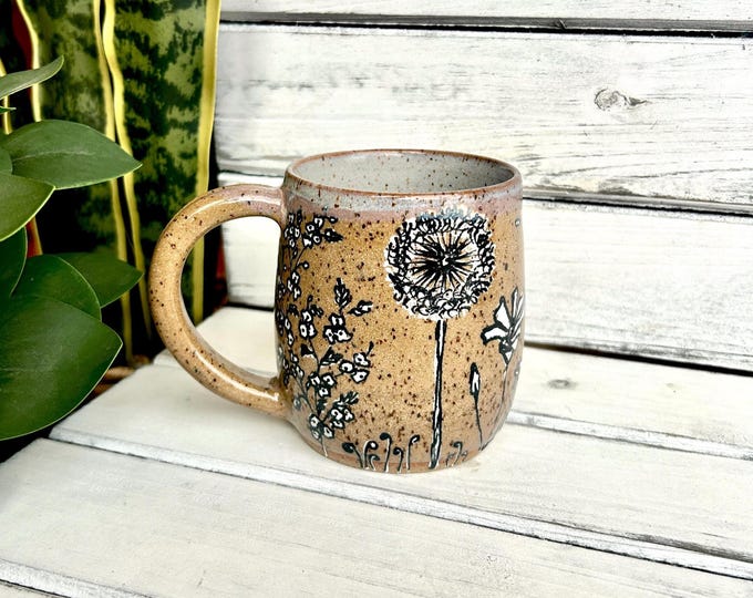 16oz Handmade Black and White Floral Coffee Mugs on Speckled Brown Stone, Each Unique