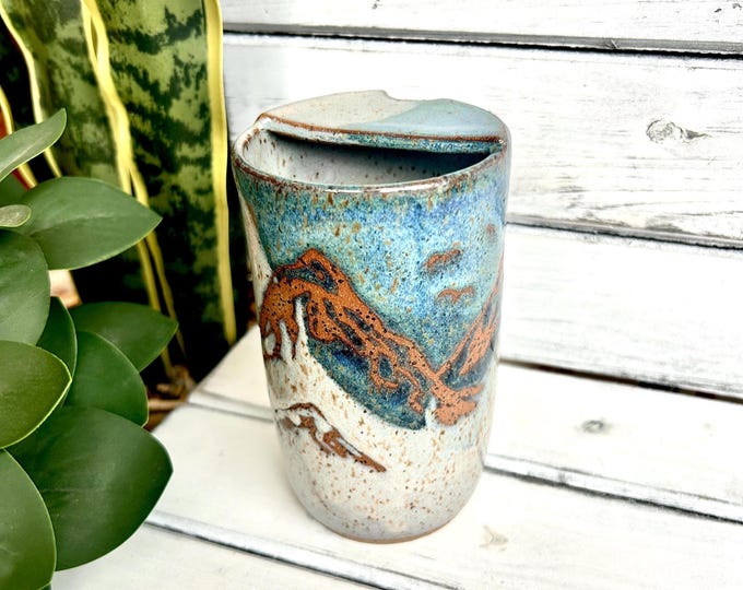 16oz Handmade Ceramic Mountain Travel Mug, Blue and Ice Half Lid Tumbler