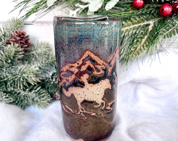 16oz Handmade Western Resist Mountain Travel Mug, Ceramic Coffee Tumbler With Half Lid