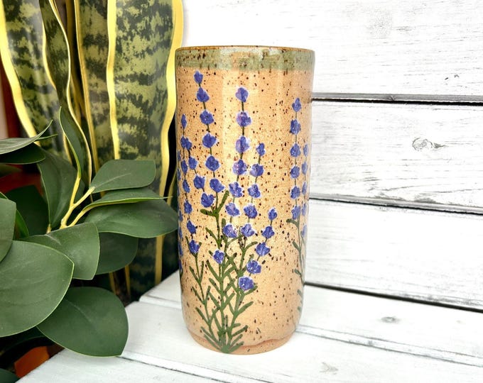 18oz Handmade Ceramic Tumbler, Hand Painted Lavender Tumbler With Green Glaze