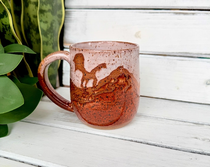 16oz Handmade Flying Dragon Ceramic Coffee Mug, Pink Resist Mountain
