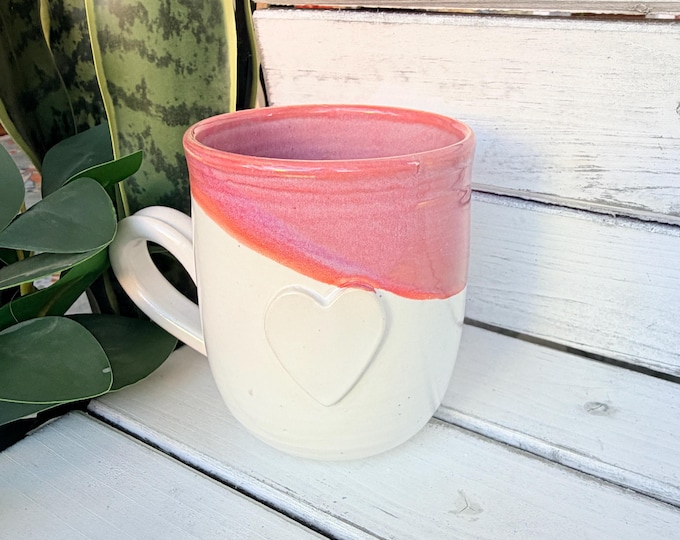 16oz Handmade Hot Pink and White Ceramic Mug With Heart