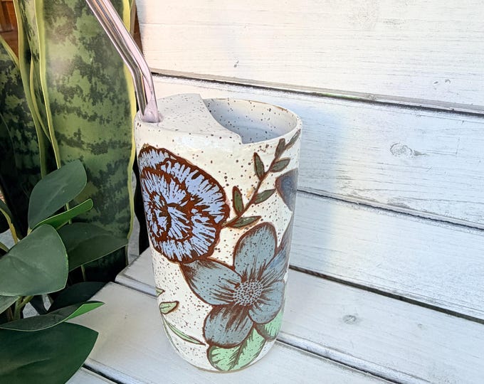 16oz Handmade Ceramic Travel Mug, Half-Lid Tumbler, Hand Painted Floral Mug