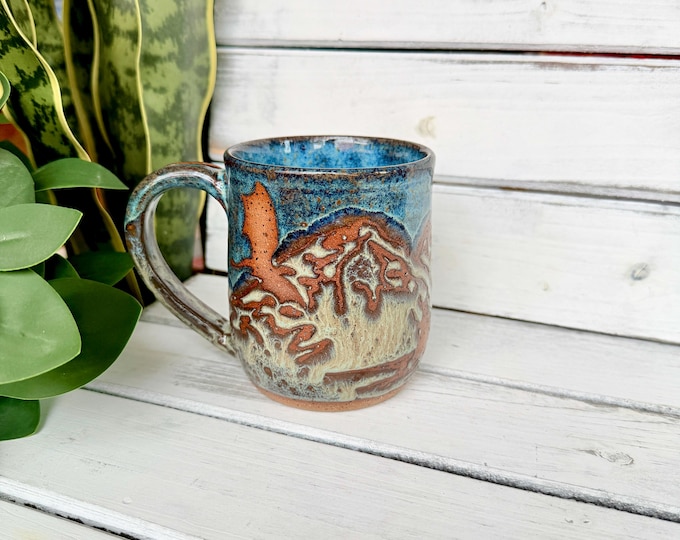18oz Handmade Ceramic Coffee Mug, Resist Mountain Mug With Dragon and Wizard