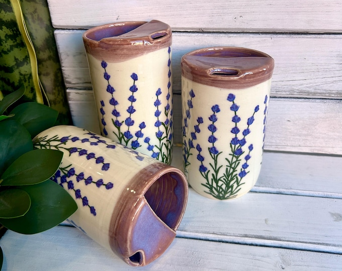 Handmade Lavender Ceramic Travel Mug, Floral Half Lid Tumbler