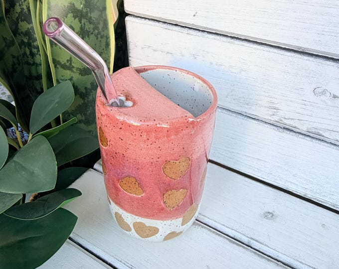14oz Handmade Pink Ceramic Half-Lid Travel Tumbler, With Heart Shaped Sipper, Glass Straw Included