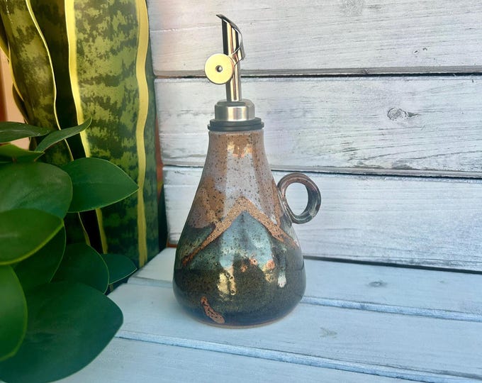 Handmade Ceramic Oil Dispenser: Mountain Design Cruet with Weighted Pourer