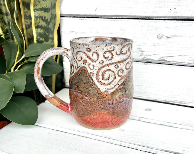 18oz Handmade Resist Mountain Mug, Red Rock Mountain Mug, Ceramic Coffee Mug, Each Unique One of a Kind